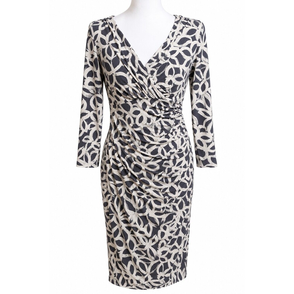 Lauren Ralph Lauren Dress Size 6 Black Cream Abstract Floral Ruched Wrap Midi